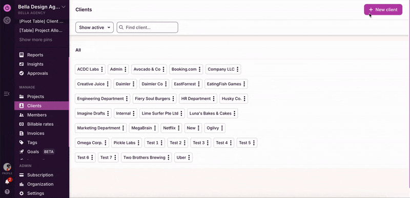 Gif of adding a client in a workspace in Toggl Track, and audit log showing the change