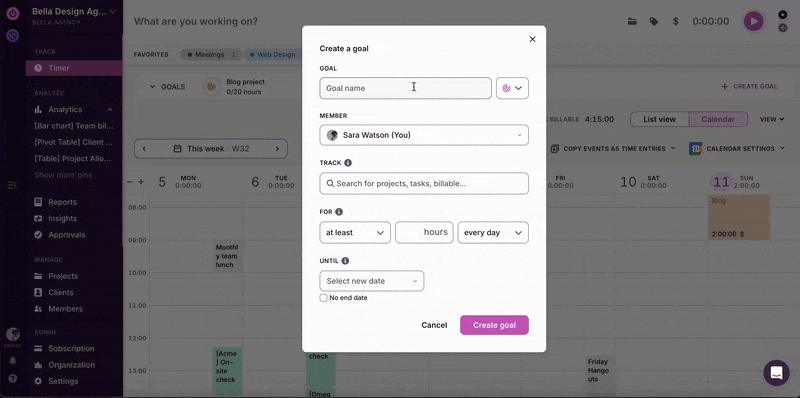 Creating a goal to track 30 hours of a certain project weekly