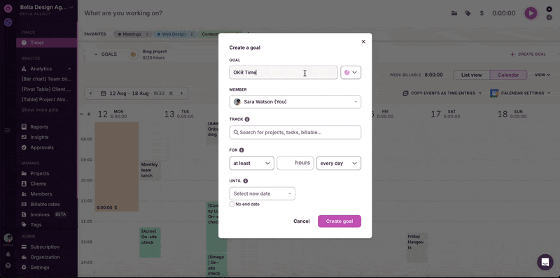 Creating a goal to track OKR hours for a team member
