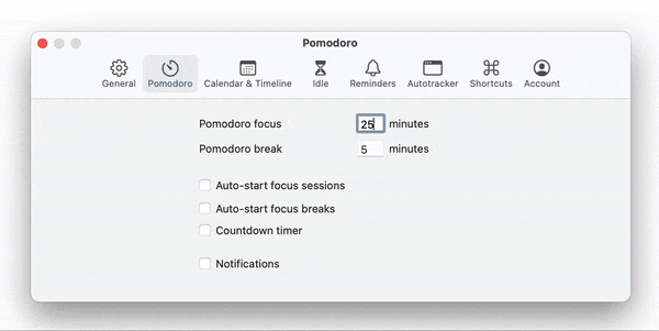 Author changing settings inside Toggl Track's Pomodoro timer. The focus period is extended from 25 to 50 minutes and the break time extended from 5 to 10 minutes
