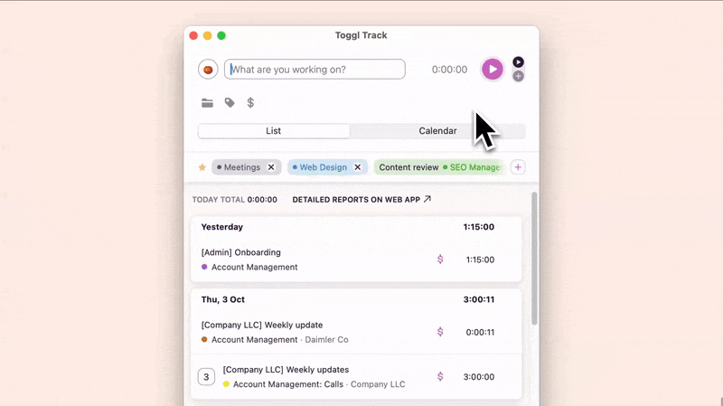 Gif of adding a "Content meeting" time entry in Toggl Track's desktop app and sharing it with the "Content team" user group