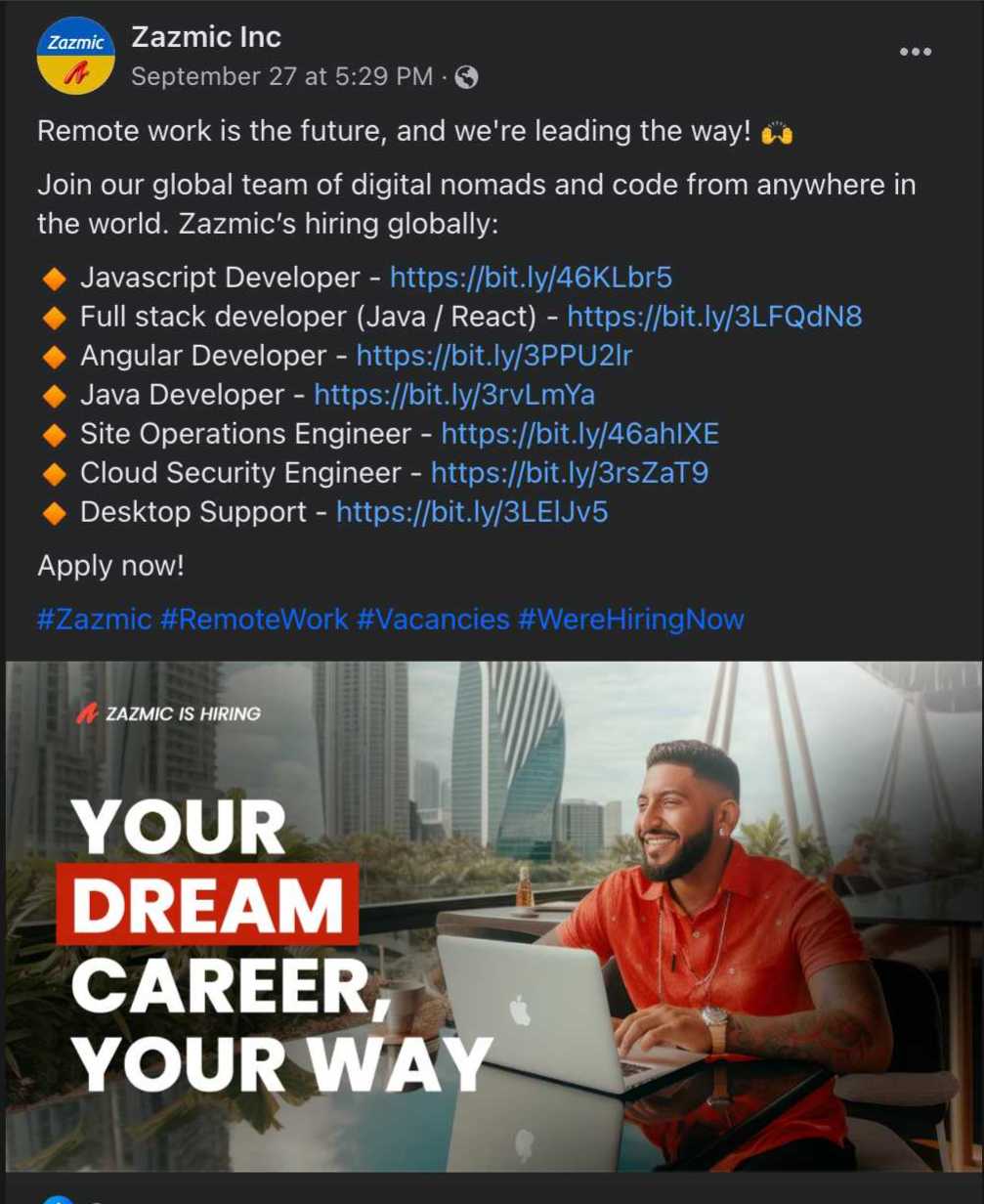 An example of a job ad highlighting the main benefits in the visual and the copy. 