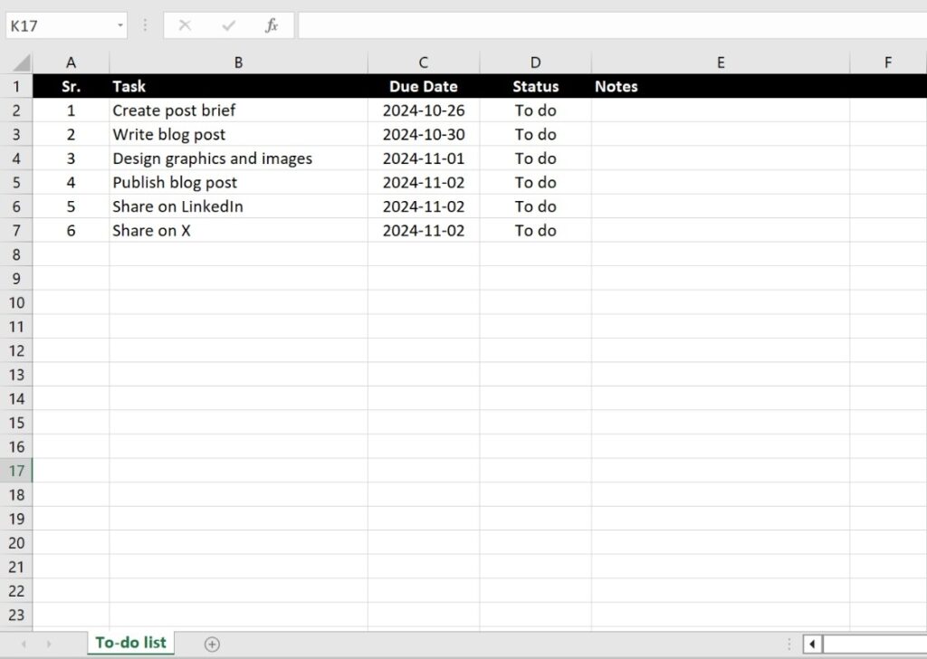 Excel Checklist with added list items