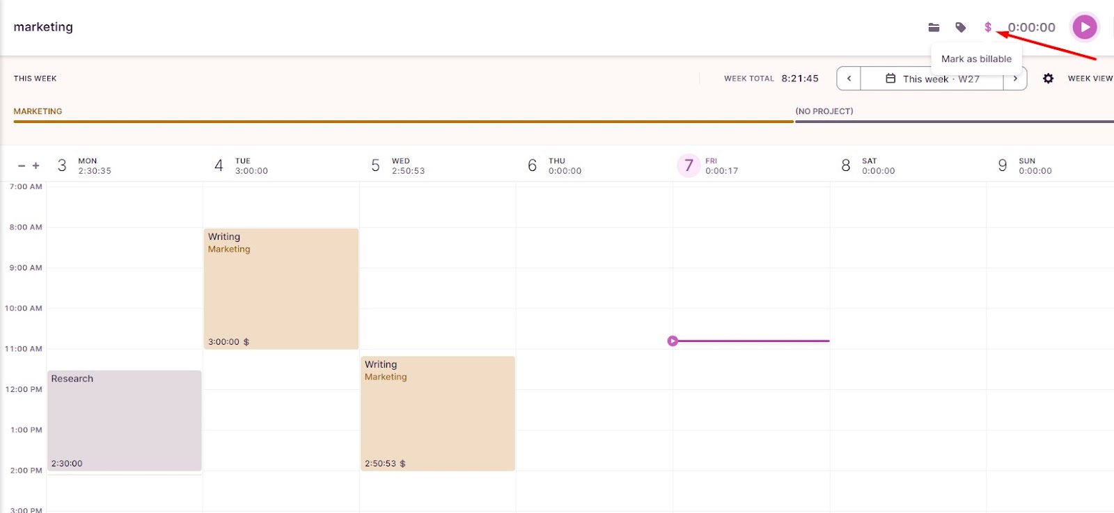Screenshot of Toggl Track showing how to set as task as billable.