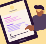 Illustration of a woman pointing at multiple documents above her head