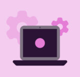 Illustration of a laptop with gears in the background