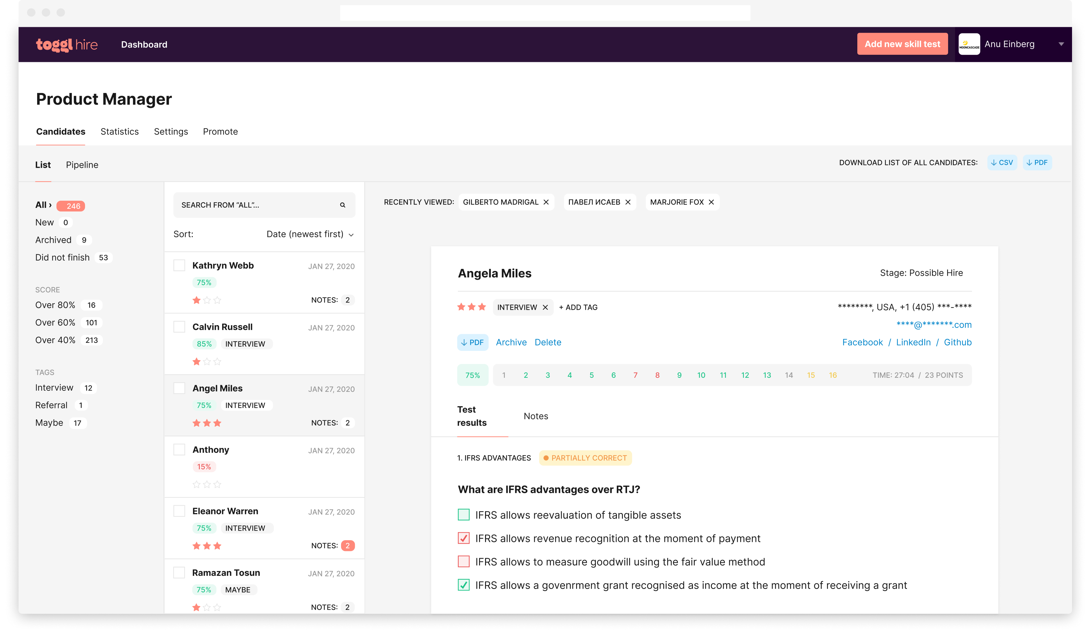 Mooncascade candidate view on Toggl hire