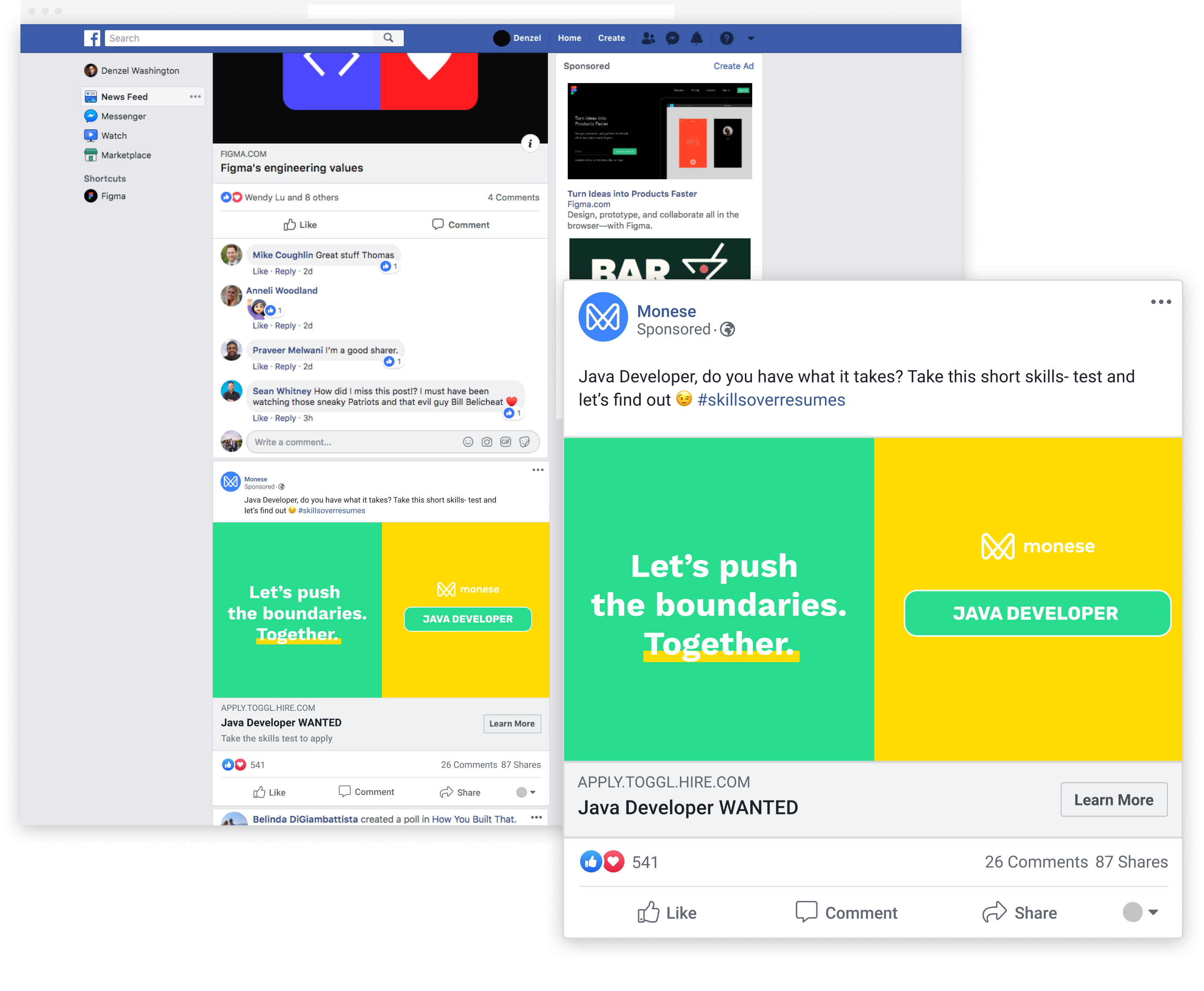 screenshot of Monese skills test on Facebook
