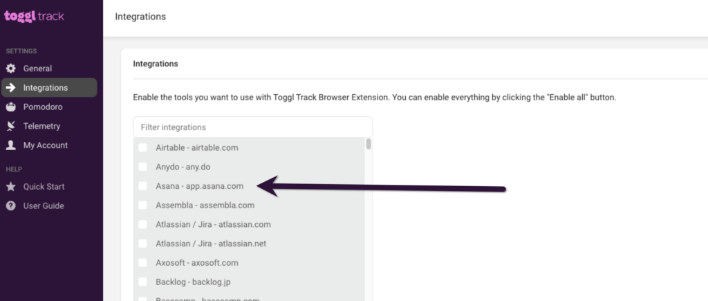 Asana and Toggl Track Chrome extension setup