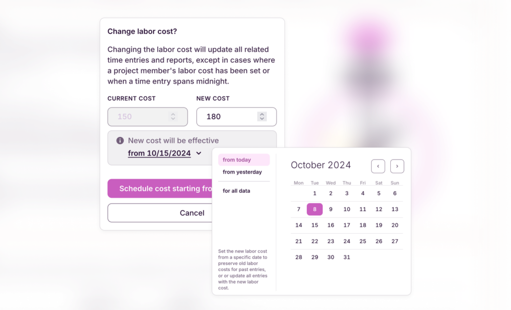 Screenshot of historical labor costs in Toggl Track