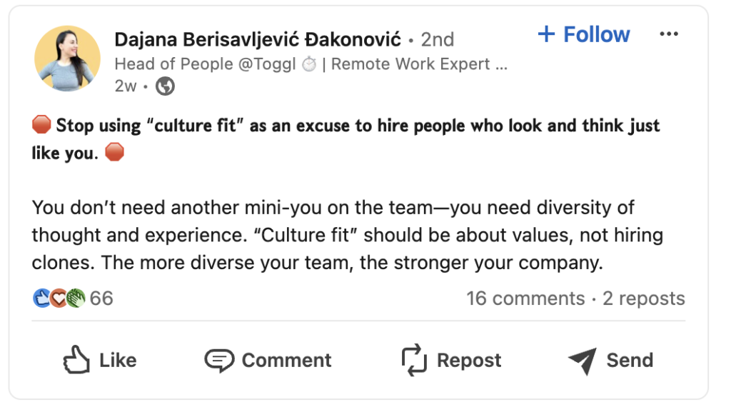 Toggl Head of People culture fit quote