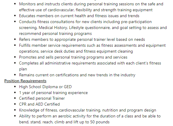 Job requirements example