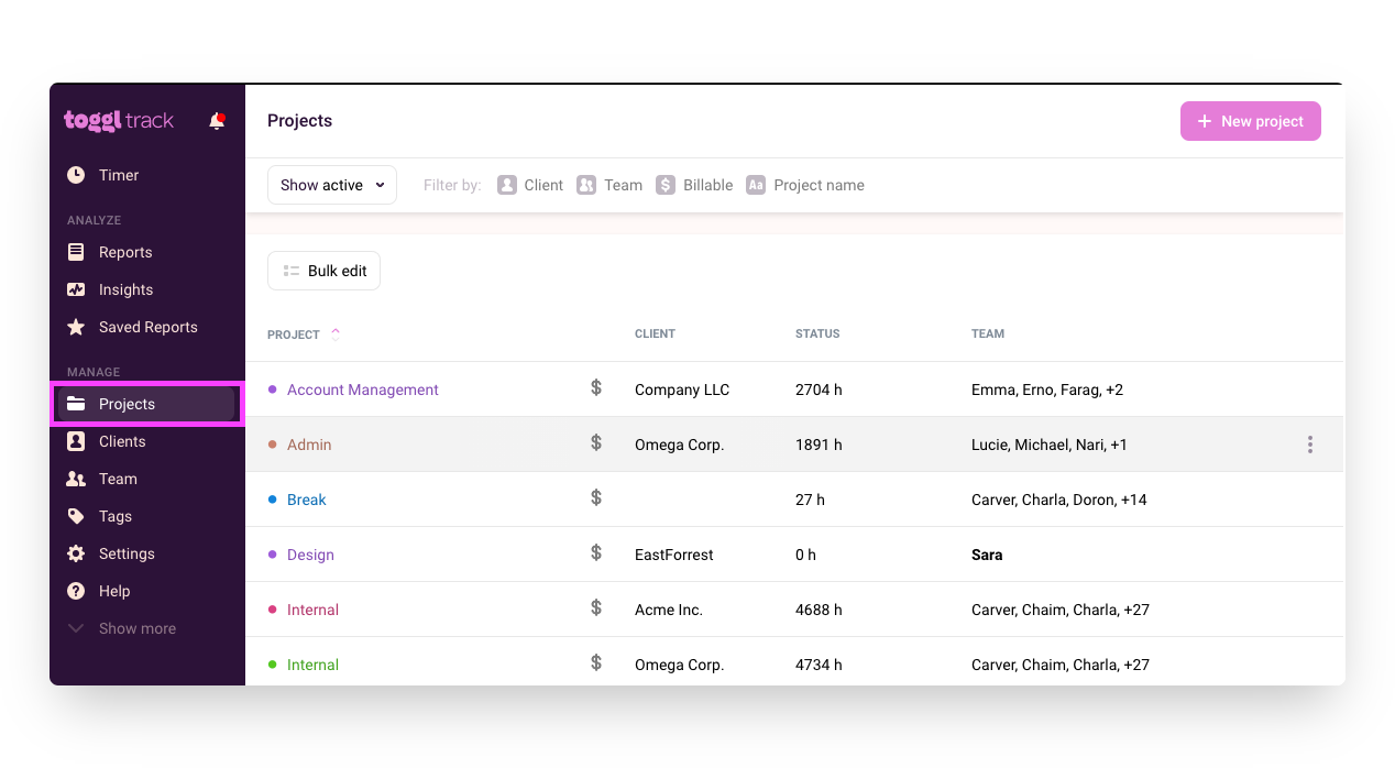 Screenshot of Toggl Track showing how to edit projects.