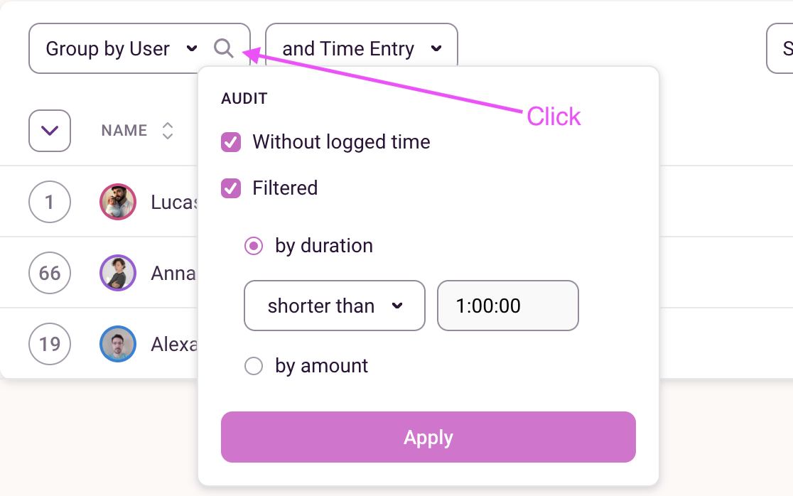 Screenshot of Toggl Track showing how to filter a report by group.