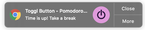 Screenshot of the Pomodoro timer in the Toggl Track Chrome extension.