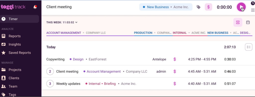Screenshot of Toggl Track showing the time tracking interface.