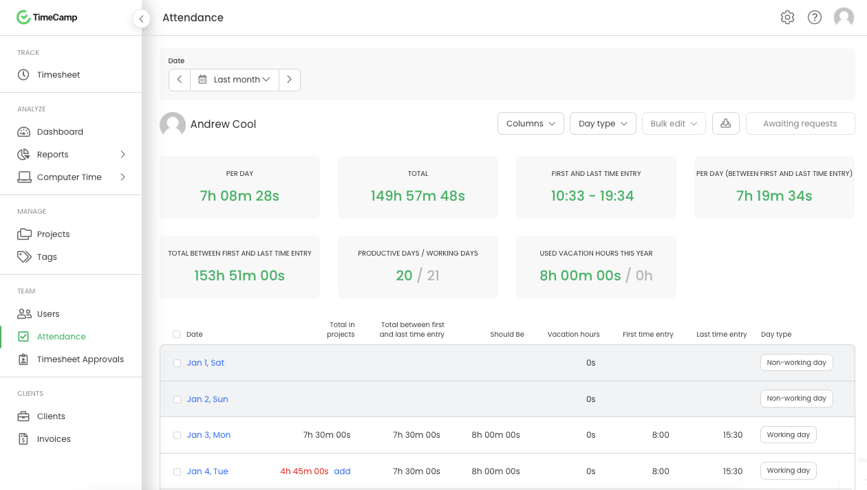 TimeCamp attendance sheet