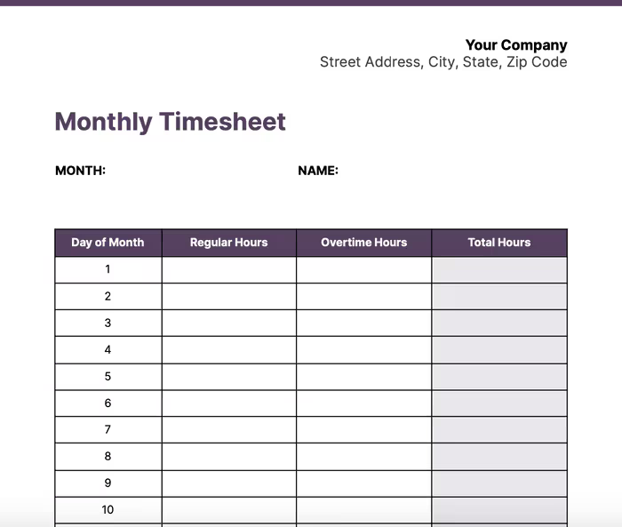 Monthly timesheet example
