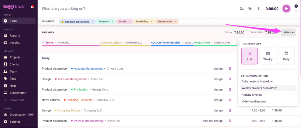 Views in Toggl Track