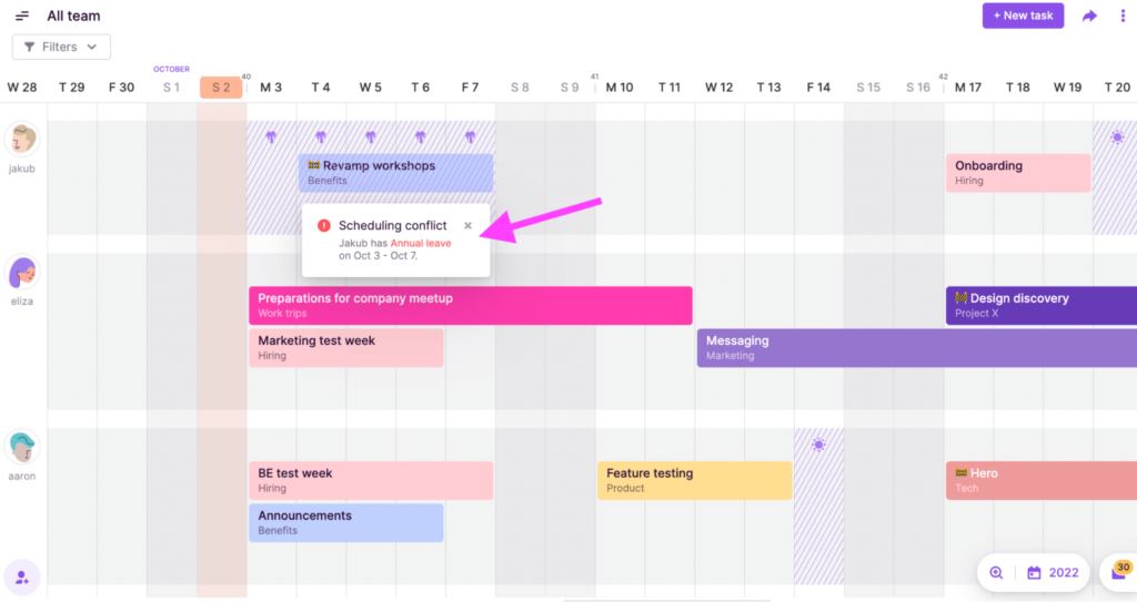 Toggl Plan indicating a scheduling conflict.