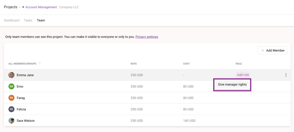 Setting up user rights in Toggl Track
