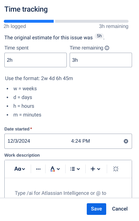 Jira time spent and time remaining