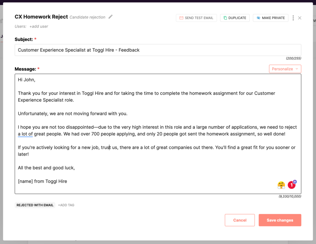 Job Applicant Rejection Email Template