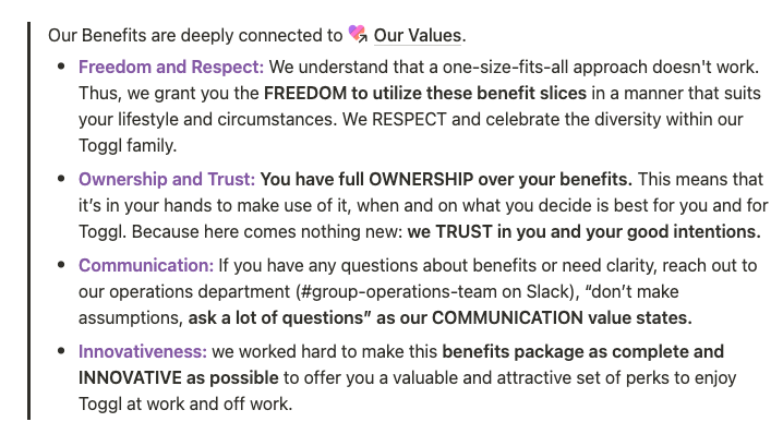 Notion Toggl benefits employee handbook