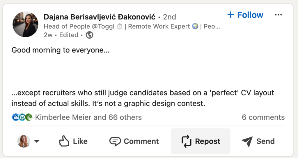 Toggl Head of People hiring tips on LinkedIn