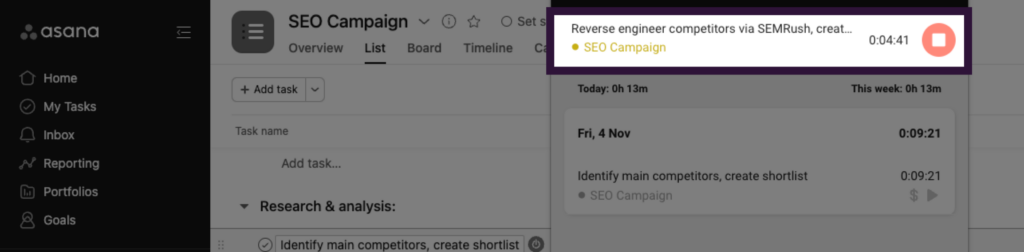 Toggl Track chrome extension timer in Asana