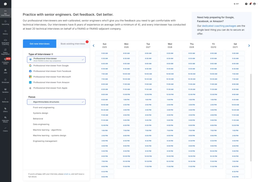 Interviewing.io coding dashboard practice interview